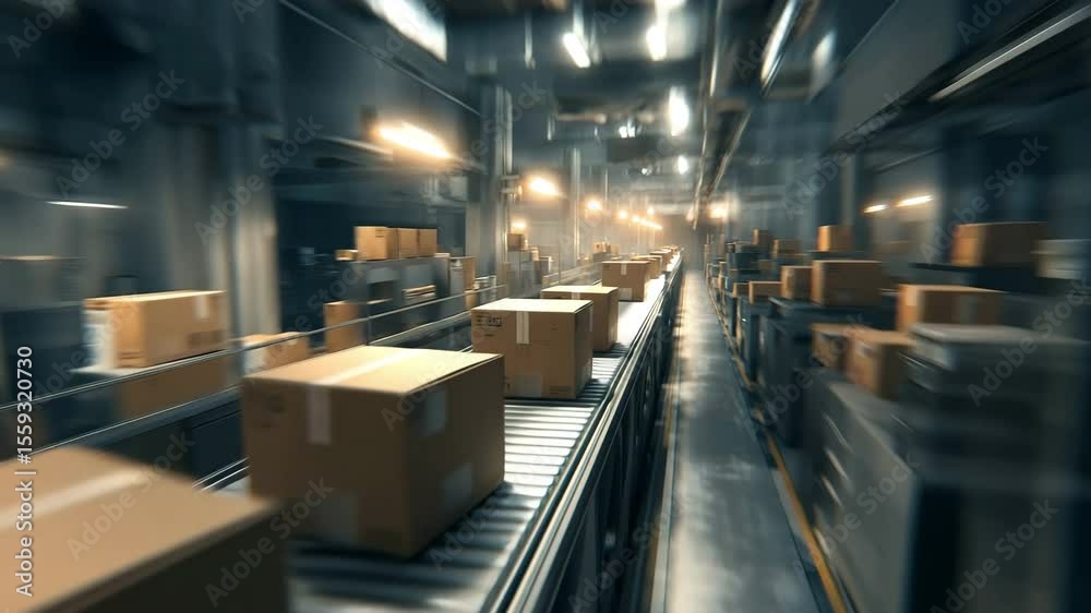 A dynamic scene captures the hustle of a warehouse with boxes moving swiftly while riding on a conveyor, evoking a sense of urgency and efficiency.