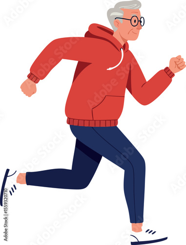 Elderly man running in casual red hoodie and navy pants active lifestyle fitness exercise vector illustration