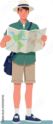 Male tourist standing holding map exploring travel destination with hat and casual outfit vector illustration