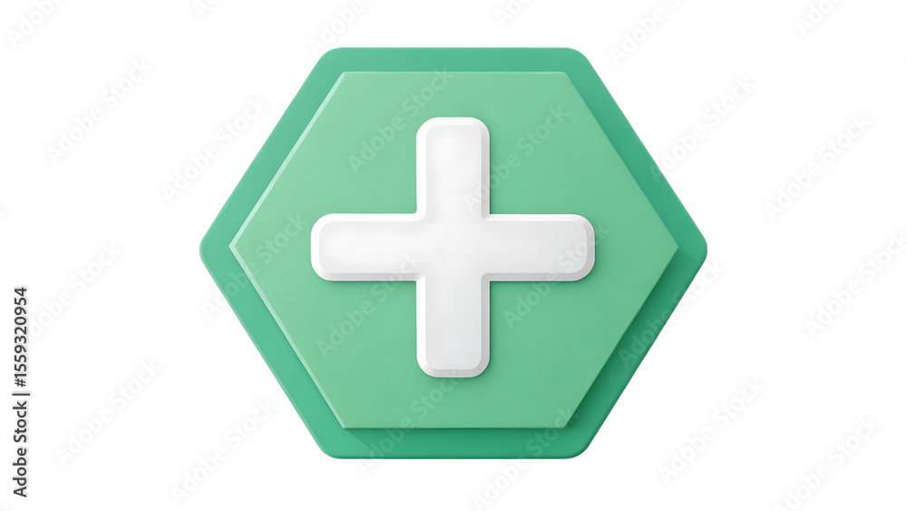 Fototapeta premium Clean green hexagon icon with white plus symbol and subtle texture