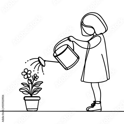 One-line drawing of girl watering a potted plant with care