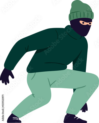 Masked man crouching in green beanie and dark clothes preparing to move stealthily vector illustration