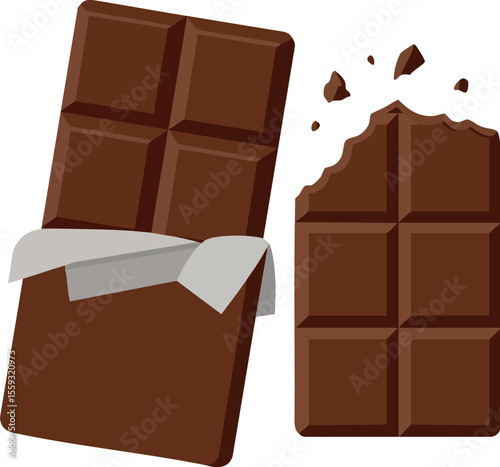 Chocolate bar with broken pieces and silver wrapper vector illustration for dessert and sweet food design