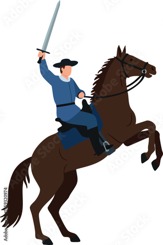 Cavalry soldier riding brown horse rearing with sword raised in blue uniform vector illustration