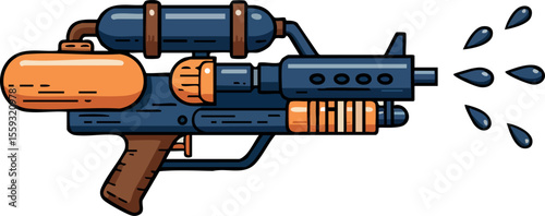 Water gun toy with blue and orange colors shooting water drops vector illustration for summer fun and outdoor play