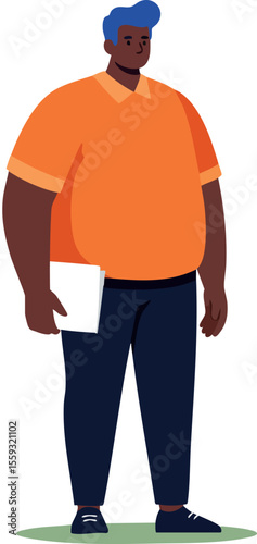 Man with blue hair holding folder standing relaxed wearing orange shirt and black pants vector illustration