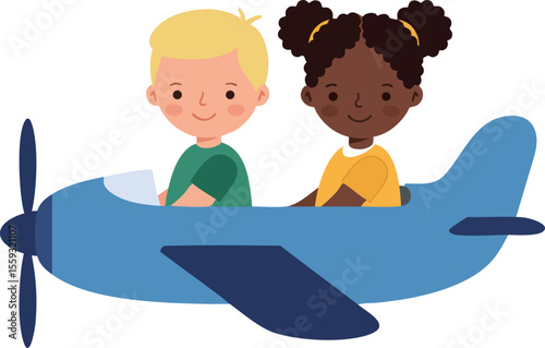 Two children flying blue airplane vector illustration with happy boy and girl smiling in cockpit