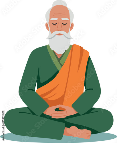 Elderly man meditating in traditional orange and green robes sitting cross-legged in calm pose vector illustration