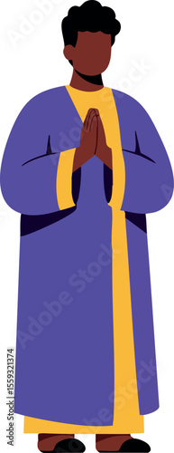 Man in purple and yellow robe praying with hands together spiritual gesture vector illustration
