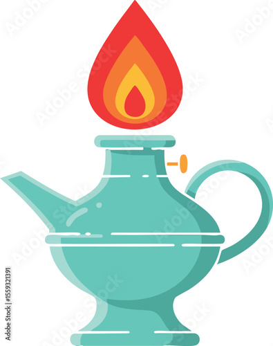 Vintage oil lamp with glowing flame vector illustration in turquoise and red colors design