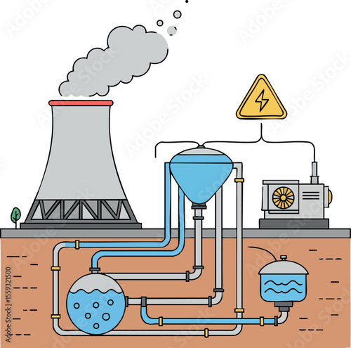 Industrial power plant vector with cooling tower water treatment and energy generation system illustration