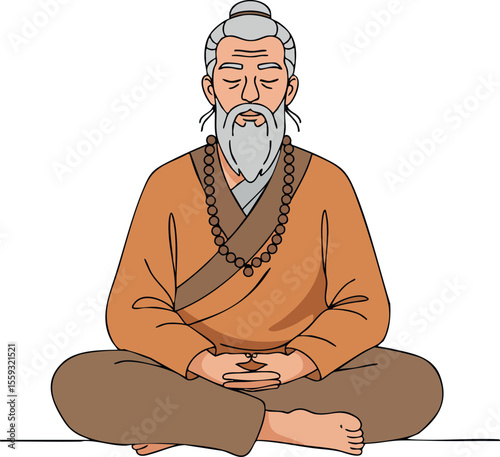 Elderly man meditating in lotus pose wearing traditional robe and prayer beads vector illustration peaceful spiritual practice