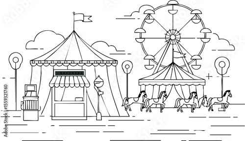 Amusement park carnival scene with carousel ferris wheel and tents line art vector illustration