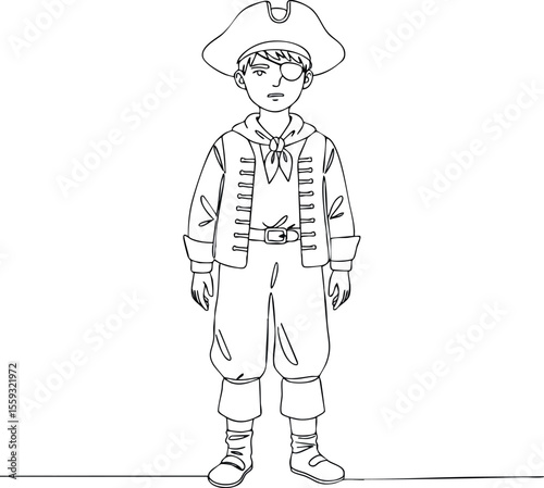 Pirate boy wearing traditional pirate costume with eye patch and tricorne hat vector illustration