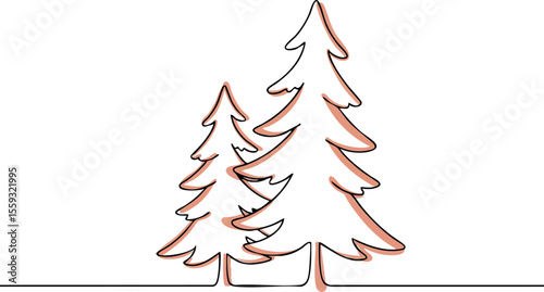 Pine trees simple line art vector design with minimalistic style and subtle red shadow effect