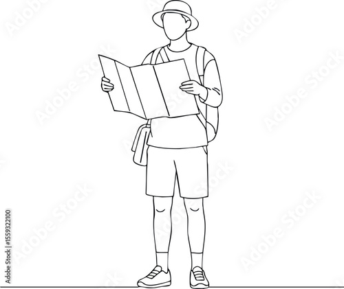 Male tourist standing reading map dressed in summer outfit with hat and backpack vector illustration
