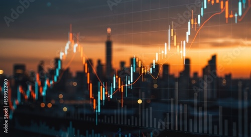 Financial chart overlayed on a blurred cityscape at sunset or sunrise.