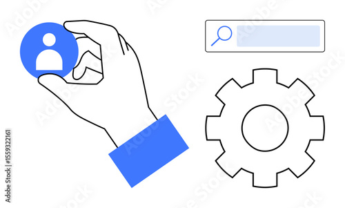 Hand holding a user profile icon, search bar, and gear symbol conveying settings, user management, customization, teamwork, efficiency, technology, and ideal for a simple landing page