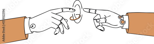 Two hands touching with modern rings and brown sleeves vector minimalistic continuous line art drawing