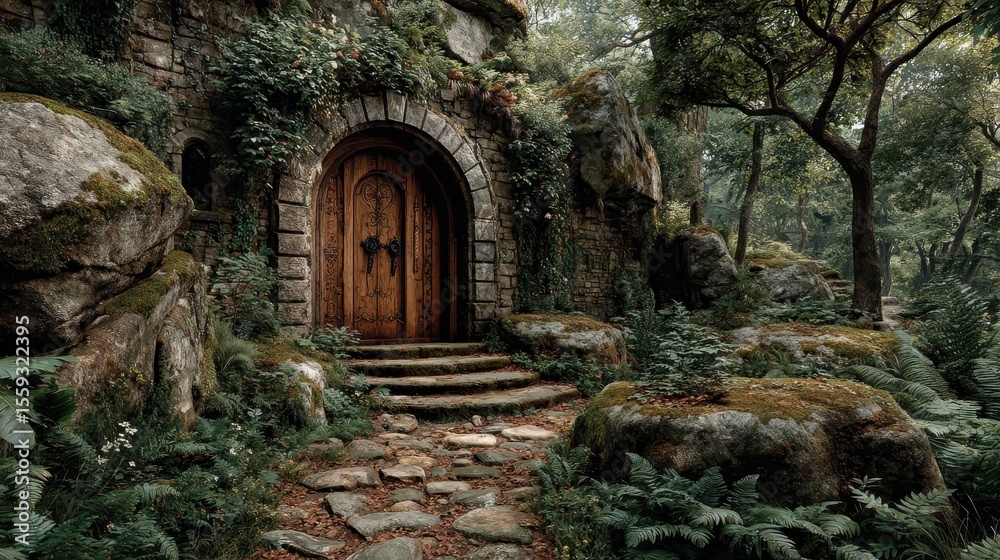 Fototapeta premium Stone pathway leads to arched wooden door built into moss covered rocks at Enchanted Forest Entrance