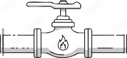 Gas valve with handle and flame symbol on pipeline for controlling fuel flow vector illustration