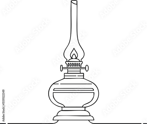 Antique oil lamp vintage design black and white line art drawing isolated on white background vector illustration