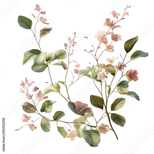 Botanical illustration of flowering plant with leaves and blossoms for springtime floral design use on transparent background