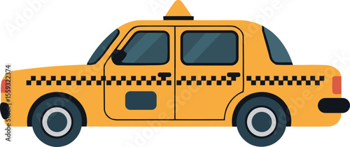 Classic Yellow City Taxi Cab Side View Vector Illustration with Checkered Stripe Detail for Urban Rides
