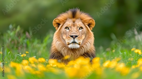 Majestic lion resting in vibrant meadow, forest background, wildlife photography