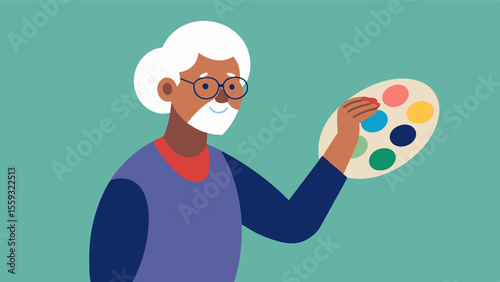 An older adult carefully selecting colors and blending them on her palette showcasing the cognitive benefits of exercising decisionmaking skills and handeye coordination.. Vector illustration