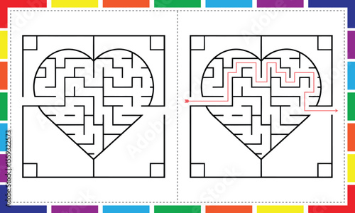 Easy Heart Maze Game for Preschool and Kindergarten, Printable Heart Maze with Mouse Character, Educational Heart Maze Coloring Page for Kids