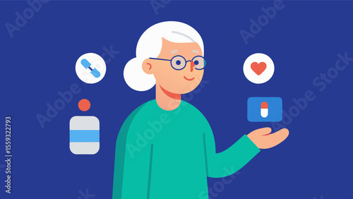 An elderly person wearing a medicationtracking device ensuring they take their prescribed medications on time and reducing the risk of potential drug interactions or forgotten. Vector illustration