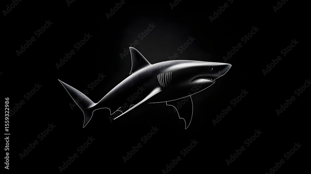 Fototapeta premium Shark, ocean, dark background, swimming, silhouette, wildlife, nature, predator, poster, design