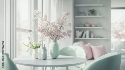 Pastel decor interior with delicate pink flowers in natural light