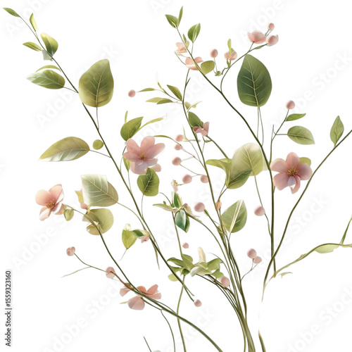 Delicate floral arrangement featuring pink blossoms and lush green foliage for springtime decoration needs on transparent background