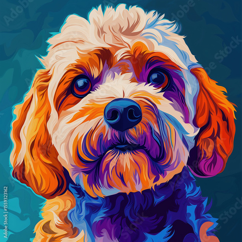 Colorful abstract painting of a small dog in vivid tones
