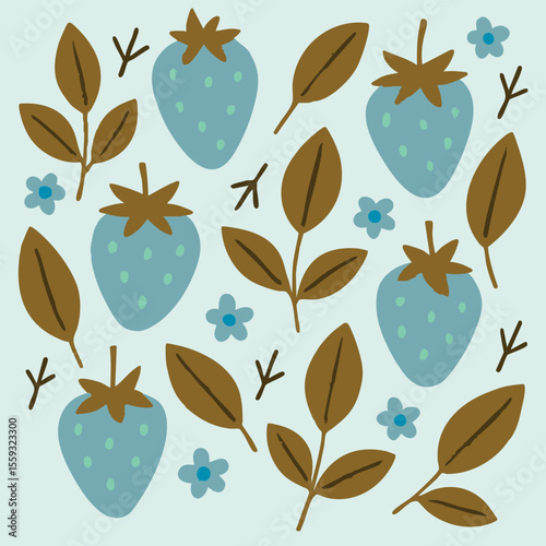 Intricate pattern of strawberries, leaves, and flowers on blue