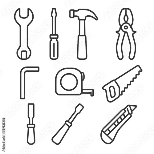 Mechanical Tools Icons. Line style icons of standard mechanical tools: wrench, screwdriver, hammer, pliers, hex key, tape measure,