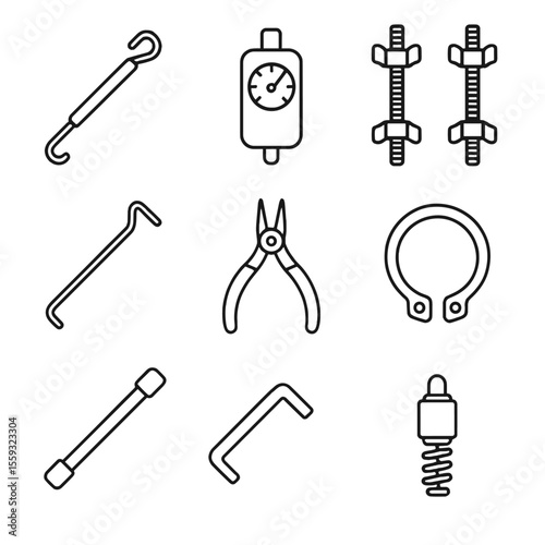 Spring Tool Icons. Line style icons of spring and tension tools: spring puller, tension gauge, coil spring tool, spring compressor