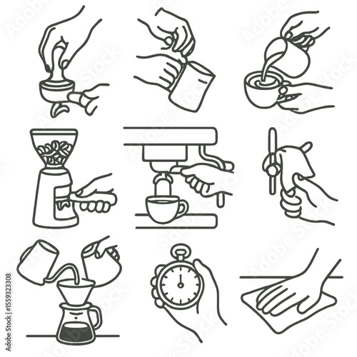 Barista Action Icons. Line style icons of barista actions: tamping espresso, steaming milk, pouring latte art, grinding beans,