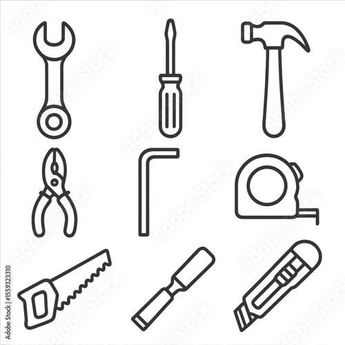 Mechanical Tools Icons. Line style icons of standard mechanical tools: wrench, screwdriver, hammer, pliers, hex key, tape measure,
