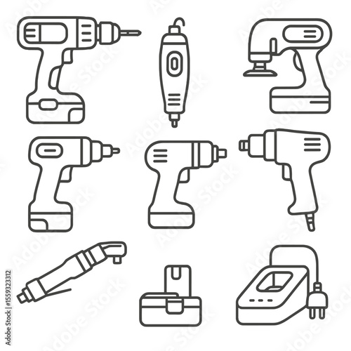 Mechanical Tool Icons. Line style icons of power-assisted mechanical tools: cordless drill, rotary tool, oscillating tool,