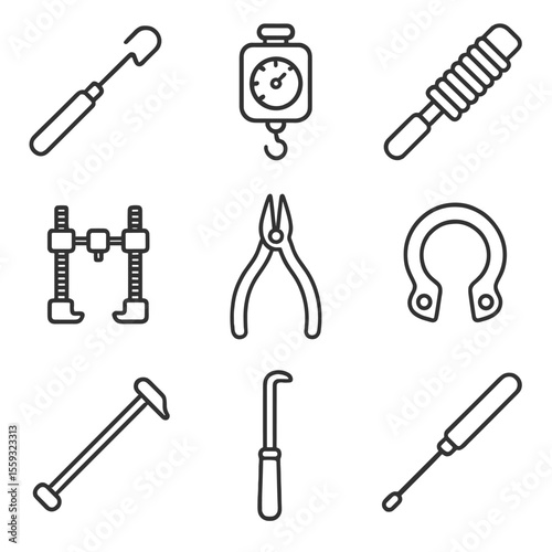 Spring Tool Icons. Line style icons of spring and tension tools: spring puller, tension gauge, coil spring tool, spring compressor