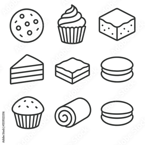 Sweet Baked Goods Icons. Line style icons of sweet baked goods: chocolate chip cookie, cupcake, brownie square, layer cake slice,