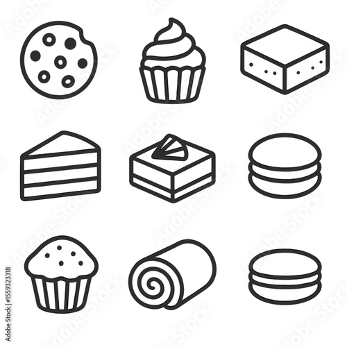 Sweet Baked Goods Icons. Line style icons of sweet baked goods: chocolate chip cookie, cupcake, brownie square, layer cake slice,
