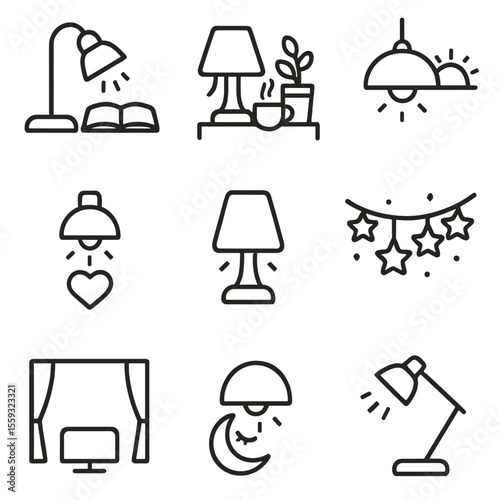 Mood Lighting Icons. Line style icons of mood-based lighting scenes: reading lamp setup, cozy night lighting, energizing morning