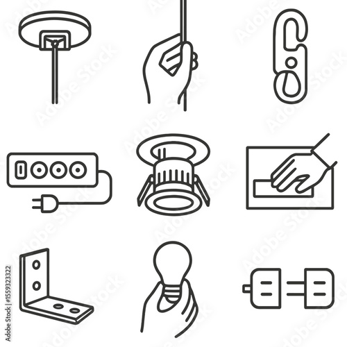 Ambient Lighting Icons. Line style icons of ambient lighting installation: ceiling light mount, lamp cord routing, light clip,