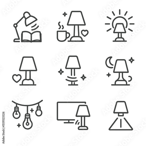 Mood Lighting Icons. Line style icons of mood-based lighting scenes: reading lamp setup, cozy night lighting, energizing morning