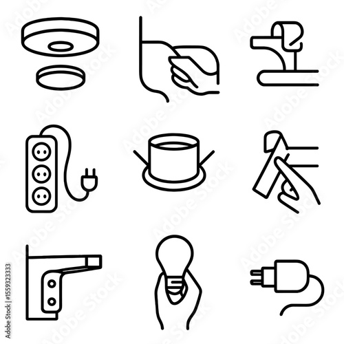 Ambient Lighting Icons. Line style icons of ambient lighting installation: ceiling light mount, lamp cord routing, light clip,