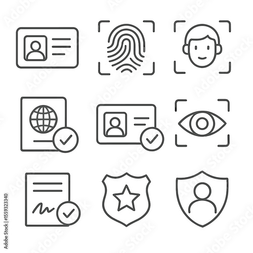 Identity Verification Icons. Line style icons of identity verification: ID card, biometric fingerprint, face scan icon, passport